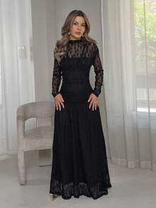 Jemour Women's Autumn/Winter Lace Ruched Bodycon Dress, Versatile For Outings, Date Nights, Theme Parties, Celebrations Elegant Black - Black - View 3