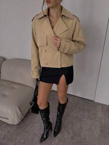 SHEIN BAE 女款純色卡其色雙排扣短款風衣，休閒優雅穿搭，秋冬通勤，寬鬆版型，教師節辦公室穿搭 - 卡其色 - 查看 6