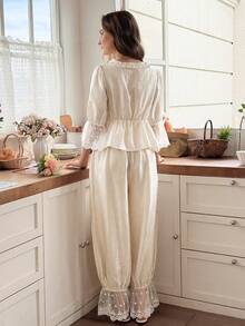 Snug Reverie Lace Trim Patchwork Lantern Sleeve Hollow Out Women's Pajama Set Home Sleep White Autumn Kawaii Elegant - Champagne - View 2