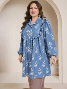 Lacomfia Casual Embroidered-Style Long Sleeve Loose Fit Regular Plus Size Shirt, Spring/Autumn - Blue - View 3