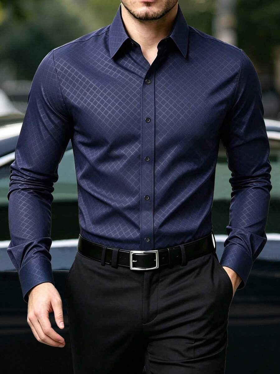 Manfinity Mode Men's Solid Color Single-Breasted Casual Daily Long Sleeve Shirt - Navy Blue - View 1