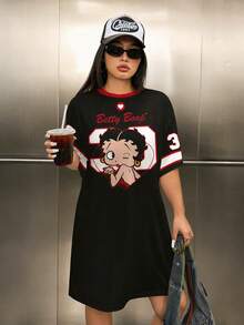 Betty Boop x SHEIN Plus Size Cartoon Print Short Sleeve Dress - White - View 1