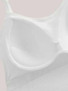 Veilyse 1 件女式纯色罗纹吊带背心，带胸垫，短款背心，休闲汗衫，健身 - 白色 - 查看 7