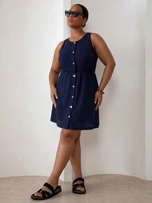 ELLERISSA Plus Size Navy Blue Round Neck Sleeveless Front Button Waffle Knit Mini Dress - Navy Blue - View 1