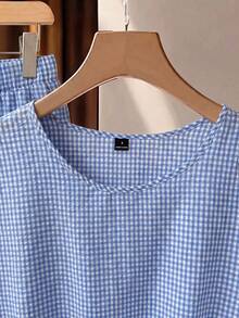 SHEIN Clasi 女款圓領格紋百褶上衣與長褲休閒日常兩件套 - 藍白色 - 查看 3
