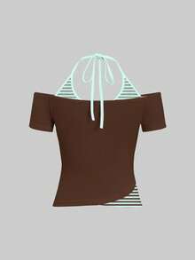 Attitoon Women's 2 In 1 T-Shirt White Light Blue Halter Neck Striped Color Block Casual 90s Inspired Night Out Y2K Tops Printed Pattern Summer Going Out - Multicolor - View 4