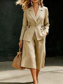 Linhara CURVE Plus-Size Lady's Elegant Chinese-Style Linen Blazer For Autumn, Suitable For Daily Commuting, Rural Style,Parties And Holidays, Etc Autumn/Winter Coat - Khaki - View 3