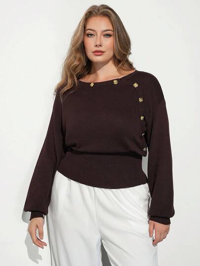 Maija Plus Size Casual Elegant Knit Top, Autumn/Winter Office Club Formal Chocolate Brown