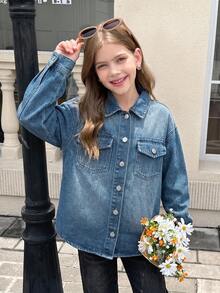 Firerie Kids Firerie Kids 青少年女孩藍色牛仔寬鬆長袖夾克 - 藍色 - 查看 2