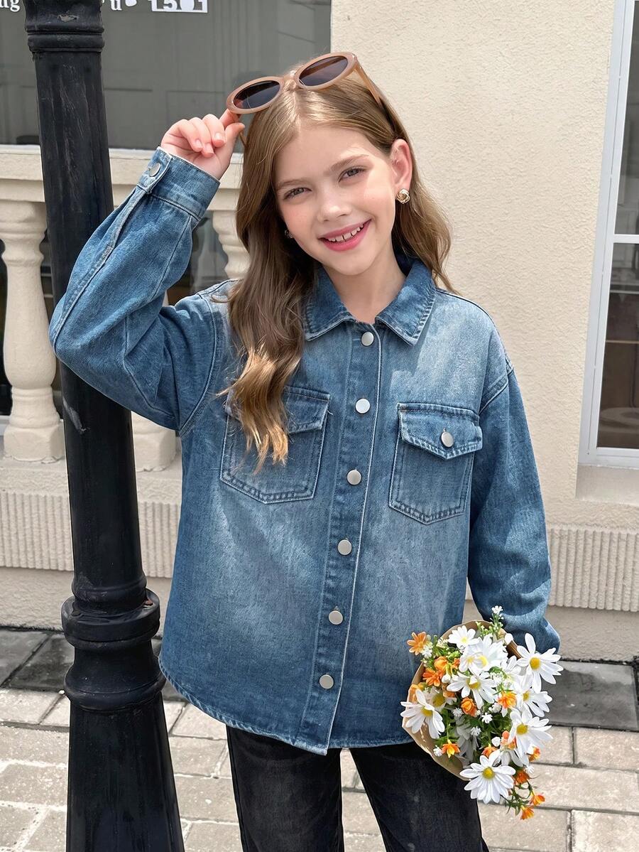 Firerie Kids Firerie Kids Tween Girls' Blue Denim Loose Long Sleeve Jacket - Blue - View 1