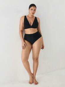 YARNWELL Plus Size Women's Solid Color Casual High Waist Bikini Bottoms For Beach Vacation - Black - View 7