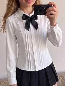 SHEIN Tween女孩女童襯衫，秋冬春夏休閒優雅百搭白色極簡修身長袖領口百褶襯衫，女童白色襯衫，返校季白色襯衫 - 白色 - 查看 2