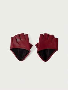 Glisma 1 Pair Fashionable Wine Red Fingerless PU Leather Gloves Summer - Burgundy - View 5
