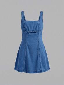 Easowa Women's Square Neck Bowknot Decor Sleeveless Denim Dress - Medium Wash - View 9