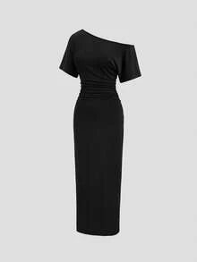 Sweetra New European And American Spring/Summer Fashion Sexy Open Shoulder Slim Fit Flattering Hemline Daily Commute Casual Date Versatile Solid Color Dress For Women - Black - View 5