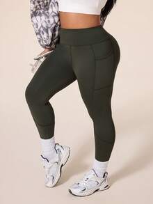 SHEIN Unity 1pc Regular Leggings / Plus Size / Army Green + Sports Leggings + Fitness/Yoga - Olive Green - View 6