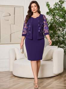 SHEIN Clasi 大尺碼女款紫色優雅正式婚禮賓客禮服，秋季花卉刺繡開襟衫與圓領素色套裝，奢華晚宴派對穿搭 - 紫色 - 查看 7