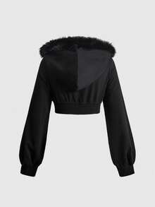 ROMWE Grunge Punk Sweatshirt Hoodie Model Crop Ultra Pendek Berpotongan Terbuka dengan Detail Bulu Halus dan Motif Patchwork Gaya Y2K untuk Gadis Seksi - Hitam - View 2