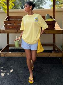 Muchica 女款夏季條紋檸檬藍黃印花圓領短袖T恤與條紋短褲休閒兩件套，休閒極簡日常百搭，約會與外出穿搭，女款通勤穿搭，音樂節，海灘穿搭，度假穿搭，女款夏季穿搭 - 彩色 - 查看 6