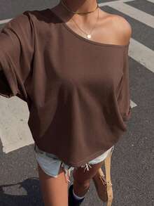 Muchica Plus Size Women's Solid Color Asymmetrical Shoulder Casual Modest Versatile Daily Wear T-Shirt Bussines Chocolate Brown Summer - Coffee Brown - View 1