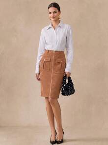 Almamuse Elegant Casual Vacation Camel Corduroy Front Zipper Skirt, Spring/Autumn - Camel - View 1
