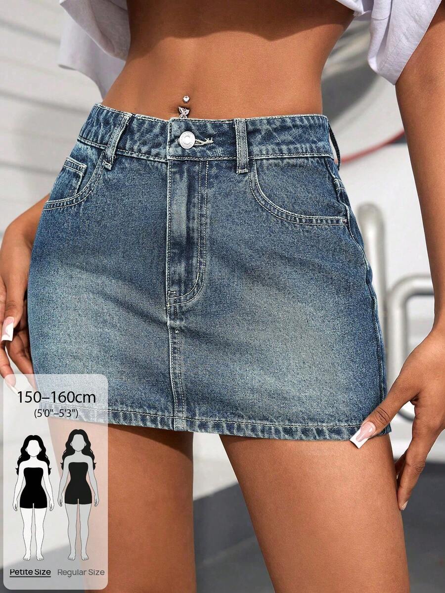 SHEIN PETITE Women's Casual Denim Mini Skirt With Pockets - Blue - View 1