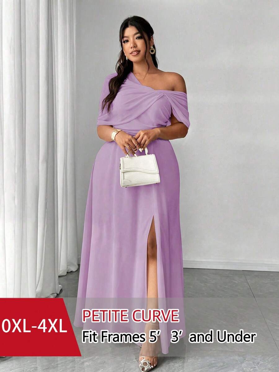 SHEIN PETITE CURVE 大码女式优雅浪漫婚礼宾客礼服,轻盈正式礼服,雪纺单肩开衩连衣裙 - 淡紫色 - 查看 1