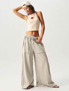 Bohemela Casual Girlisim Knitted Snow-Washed Solid Color Patchwork Loose Wide-Leg Washed Women's Pants Golf Pastal - Khaki - View 4