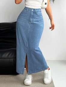 Rivivi Women's Fashionable Simple High Waist Slim Fit Split Denim Midi Skirt - Blue - View 1