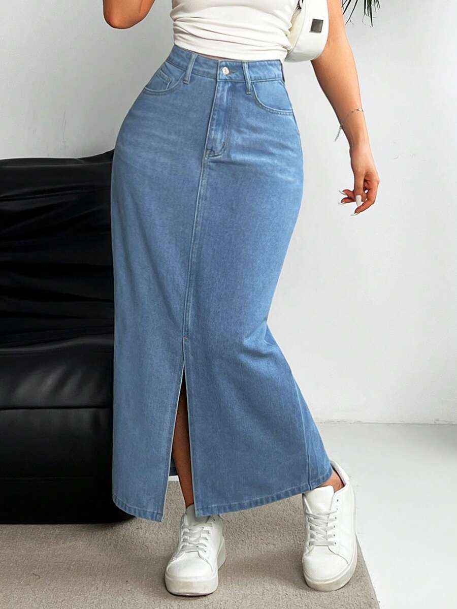 Rivivi Women's Fashionable Simple High Waist Slim Fit Split Denim Midi Skirt - Blue - View 1