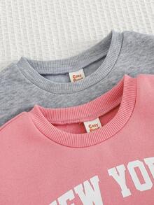 Cozy Pixies 女嬰復古字母圖案針織柔軟圓領長袖套頭衛衣秋季運動休閒服 2件/套 - 彩色 - 查看 4