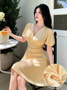 Modelyn Women's French Style Summer New Knit Jacquard Petal V-Neck Puff Lantern Sleeve Short Sleeve Waist-Cinched Umbrella Skirt Short Dress Vacation Date - Yellow - View 6
