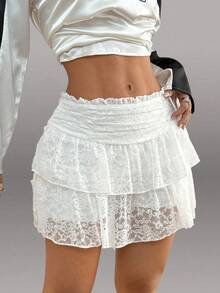 SHEIN Unity Women Lace Ruffle Ruched Skirt - White - View 5