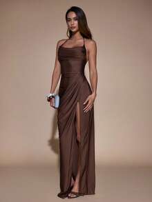 Glamine Brown Cowl Neck Halter Ruched Slit Maxi Dress,Outfit For Romantic Dinner And Birthday Party - Coffee - View 6