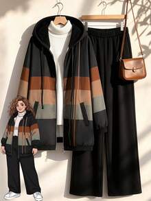 Rusticease Plus Size Women's Color Block Striped Hooded Drawstring Zip Up Three-Quarter Sleeve Jacket And Pants Casual Two Pieces Set Fall Winter 2026 - Multicolor - View 2