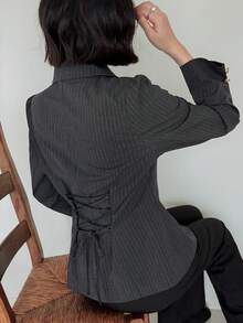 FRIFUL Women's Early Autumn New Korean Style Striped Fabric Back Tie Bow Knot Blazer Cute Tops - Grey - View 6