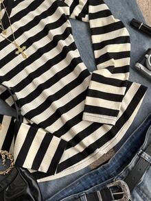 Attitoon Women's Casual Striped Long Sleeve T-Shirt, Spring/Autumn - Black - View 4