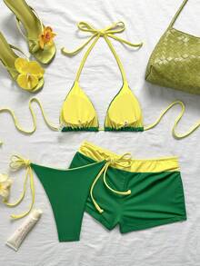 Swim SXY 女款春夏波點印花蝴蝶結裝飾V領掛脖露背三角比基尼上衣，側綁帶內褲，低腰三角褲 3件式泳衣套裝 綠色 - 彩色 - 查看 5
