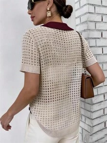 Franclia ملابس علوية نسائية محبوكة بتصميم ألوان متباينة كاجوال متعددة الاستخدامات للارتداء اليومي - بيج - مشاهدة 2