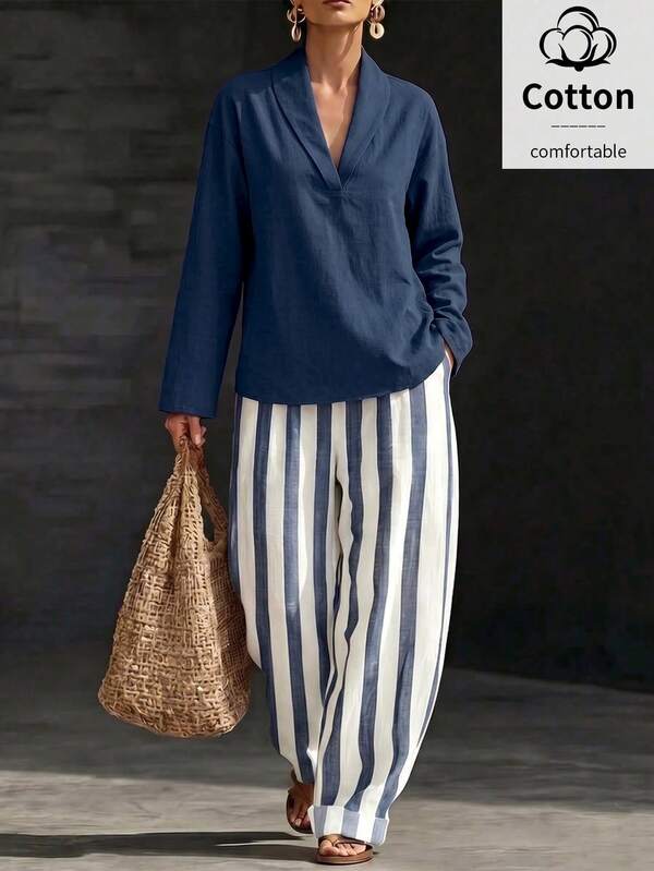 Omancia Women's Autumn Navy Blue V-Neck Long Sleeve Loose Top With Blue & White Striped Loose Casual Pants Set, Casual Vacation Style, Independence Day, National Day, Holiday Party, Back To School, High Aura, Beach, Photography, Atmospheric, Autumn Top, Autumn Long Sleeve, Autumn 2 Pieces Set, Autumn New Arrival, Essential, Fashion, Niche Design, Versatile Set