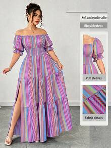 SHEIN Elenzya Gaun Midi Pantai Elegan Berlapis Model A-Line Bergaris Warna-warni untuk Liburan Musim Panas Wanita Ukuran Plus - MultiWarna - View 6