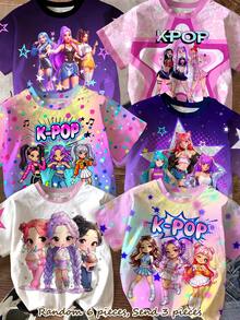 少女彩色酷炫漸層 K-Pop 超級巨星卡通女團印花圓領短袖基本款T恤，適合春夏，3件組 - 彩色 - 查看 1