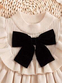 女嬰長袖秋冬連身裙，大蝴蝶結與荷葉邊飾 - 卡其色 - 查看 3