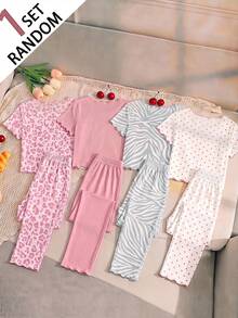 SHEIN (隨機1套) 青少年女孩睡衣，四季熱銷波點、粉色豹紋、英文字母組合印花，針織圓領荷葉邊飾，短袖與長袖2件式居家休閒睡衣套裝，1套 - 彩色 - 查看 2