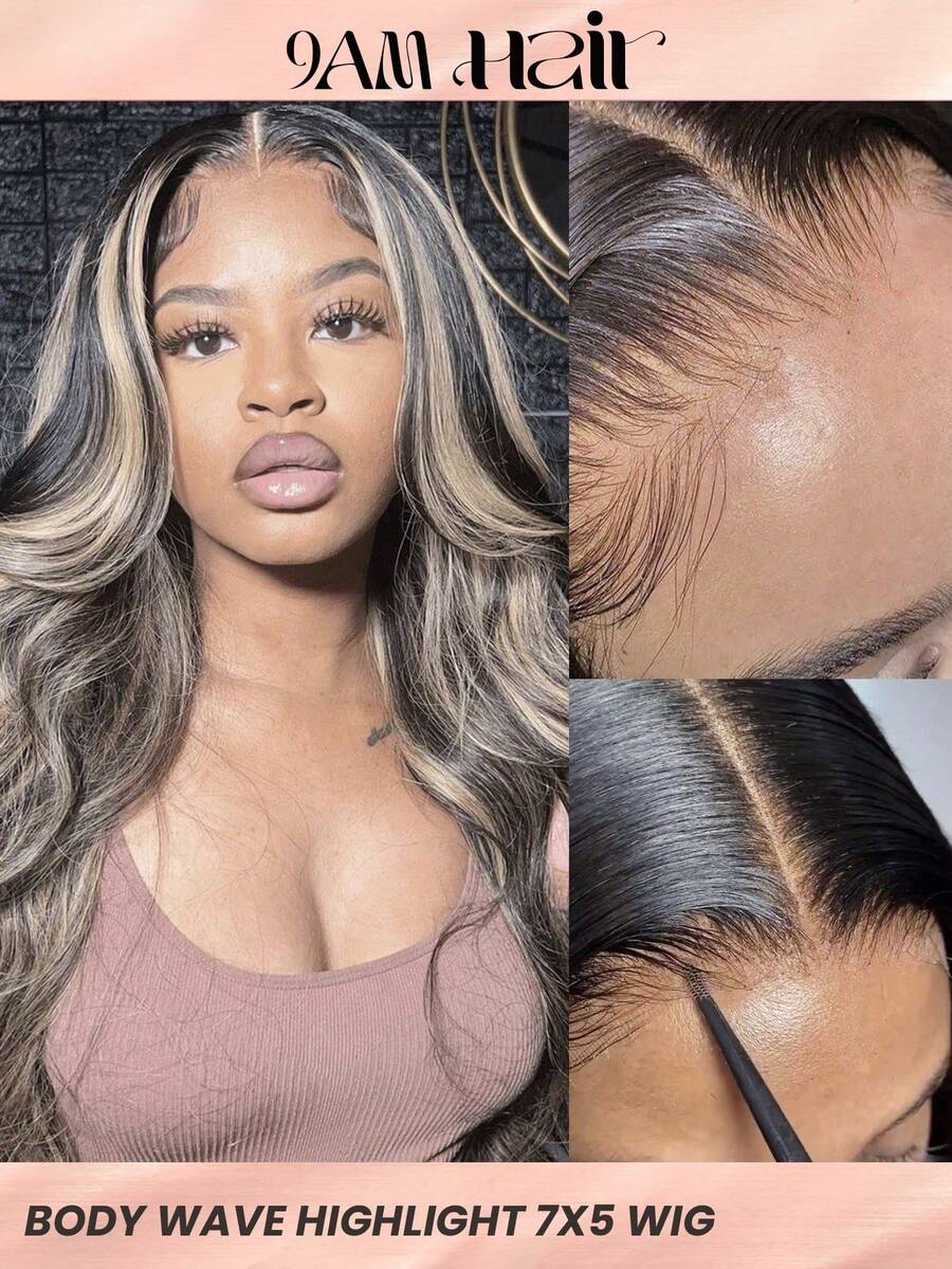 Wig Rambut Panjang Bergelombang dengan Highlight, Sudah Dipetik, Sudah Dipotong, Lace Melting Lace Front 7x5, Penutup Tanpa Lem, 100% Rambut Manusia, 9AM HAIR - SNatural/22 - View 1