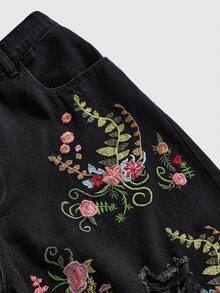 ROMWE Fairycore Plus Size Casual Pastoral Spring/Summer Embroidered Frayed Distressed Versatile Denim Mid-Length Pants - Black - View 3