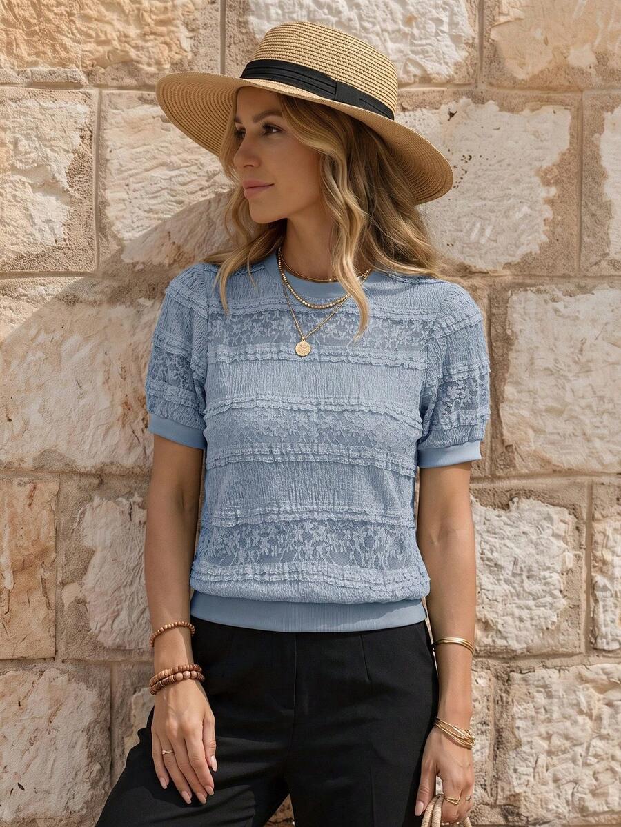 SHEIN Women Elegant Lace Striped Textured Puff Sleeve Round Neck T-Shirt, Spring/Summer Lace Tops For Women - Blue - View 1