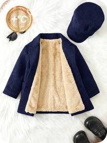 SHEIN 買1送1 嬰兒男/女童 2件組 加厚灰色抓絨秋季外套夾克附帽子，黑色填充絎縫冬季低調款，戶外滑雪日常穿著 - 藏蓝色 - 查看 3