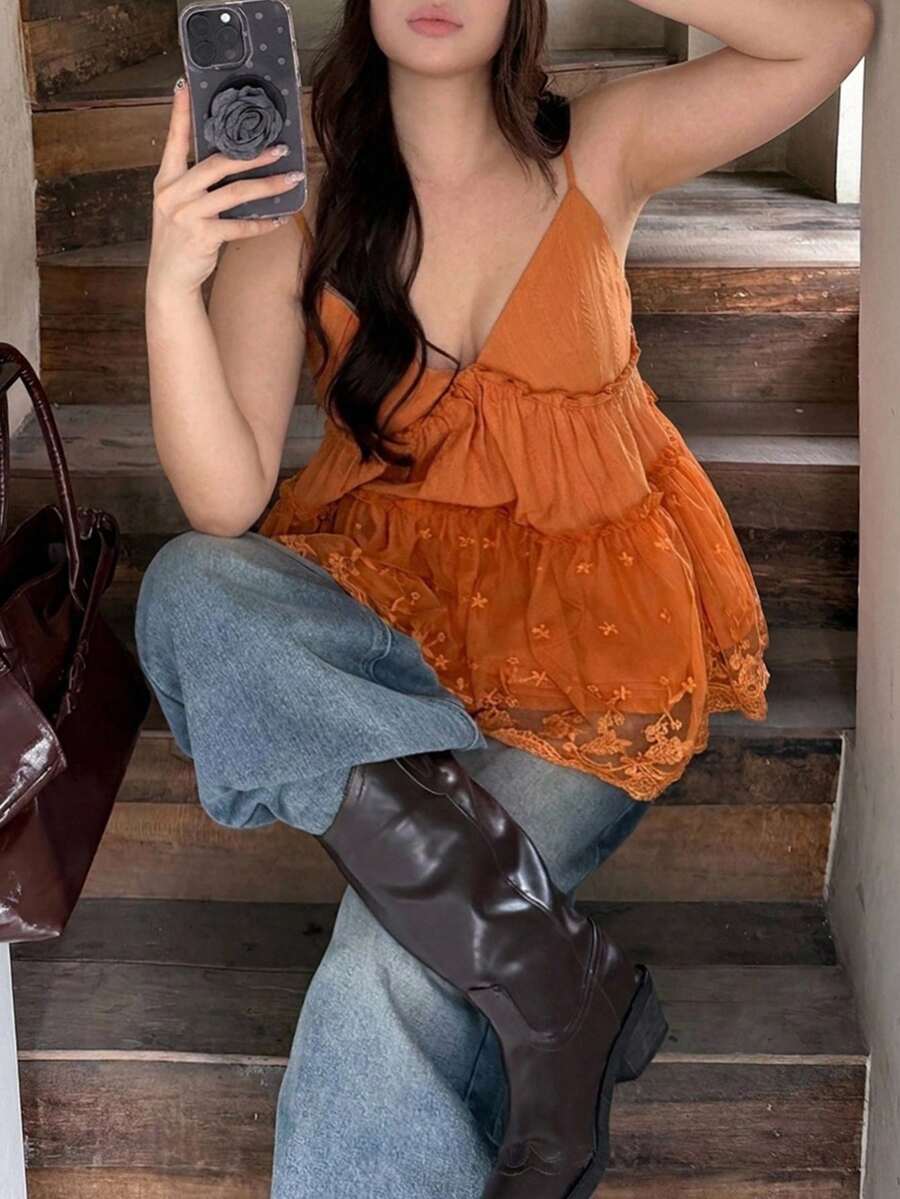 Dazy Plus Lace Patchwork Orange Spring/Summer Comfortable Korean Style Camisole Blouse - Orange - View 1