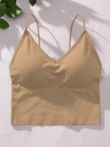 SHEIN Women's All-Season Seamless Back Camisole/Tank Top/T-Shirt 1pc With Padded Cups - Khaki - View 4